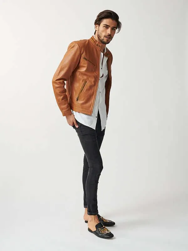 Mens Tokyo Motorbike Tan Leather Jacket