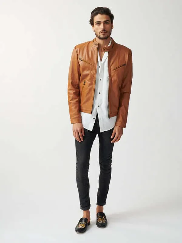 Mens Tokyo Motorbike Tan Leather Jacket