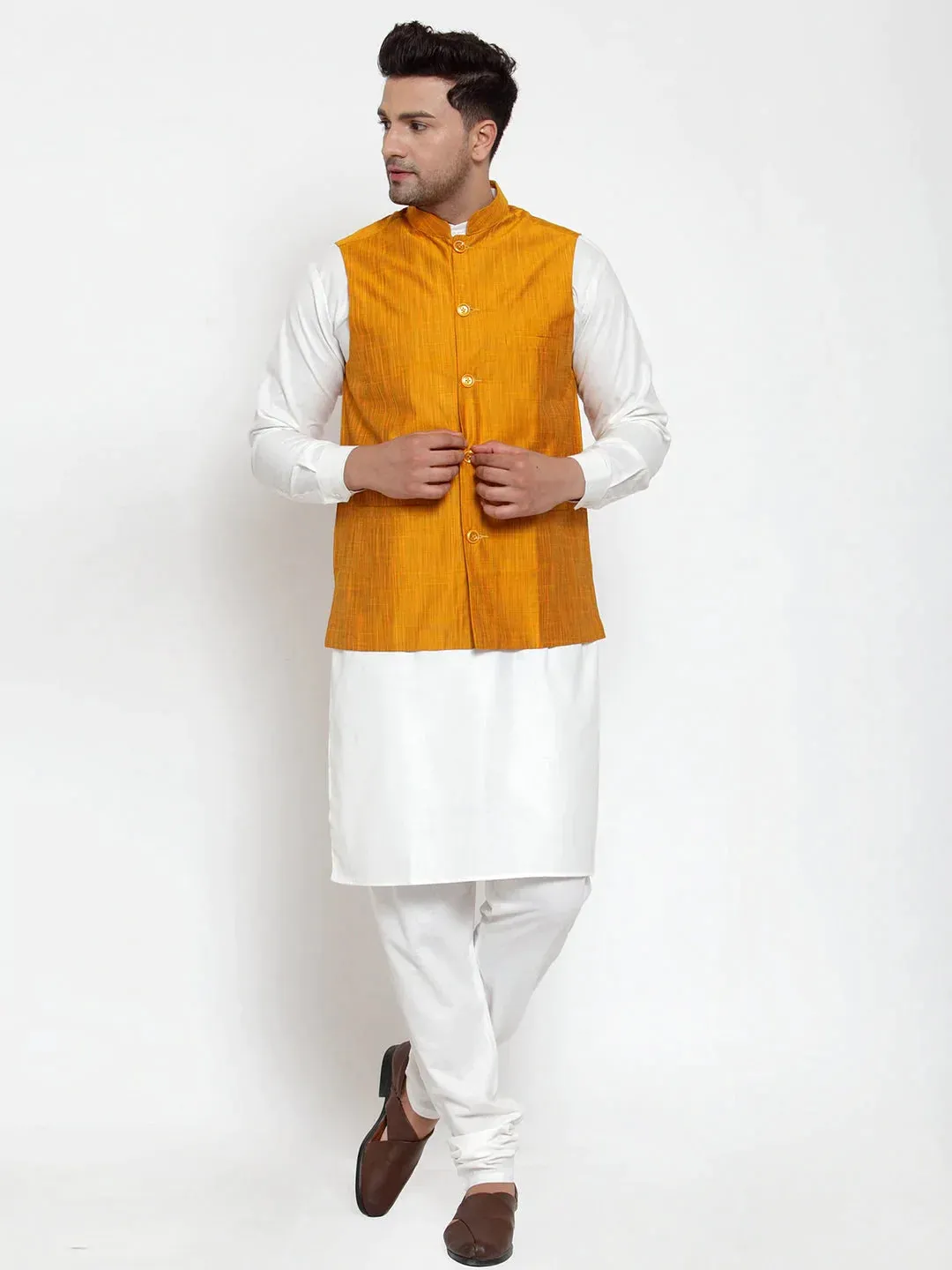 Men'S White Solid Kurta With Pyjamas & Yellow Nehru Jacket