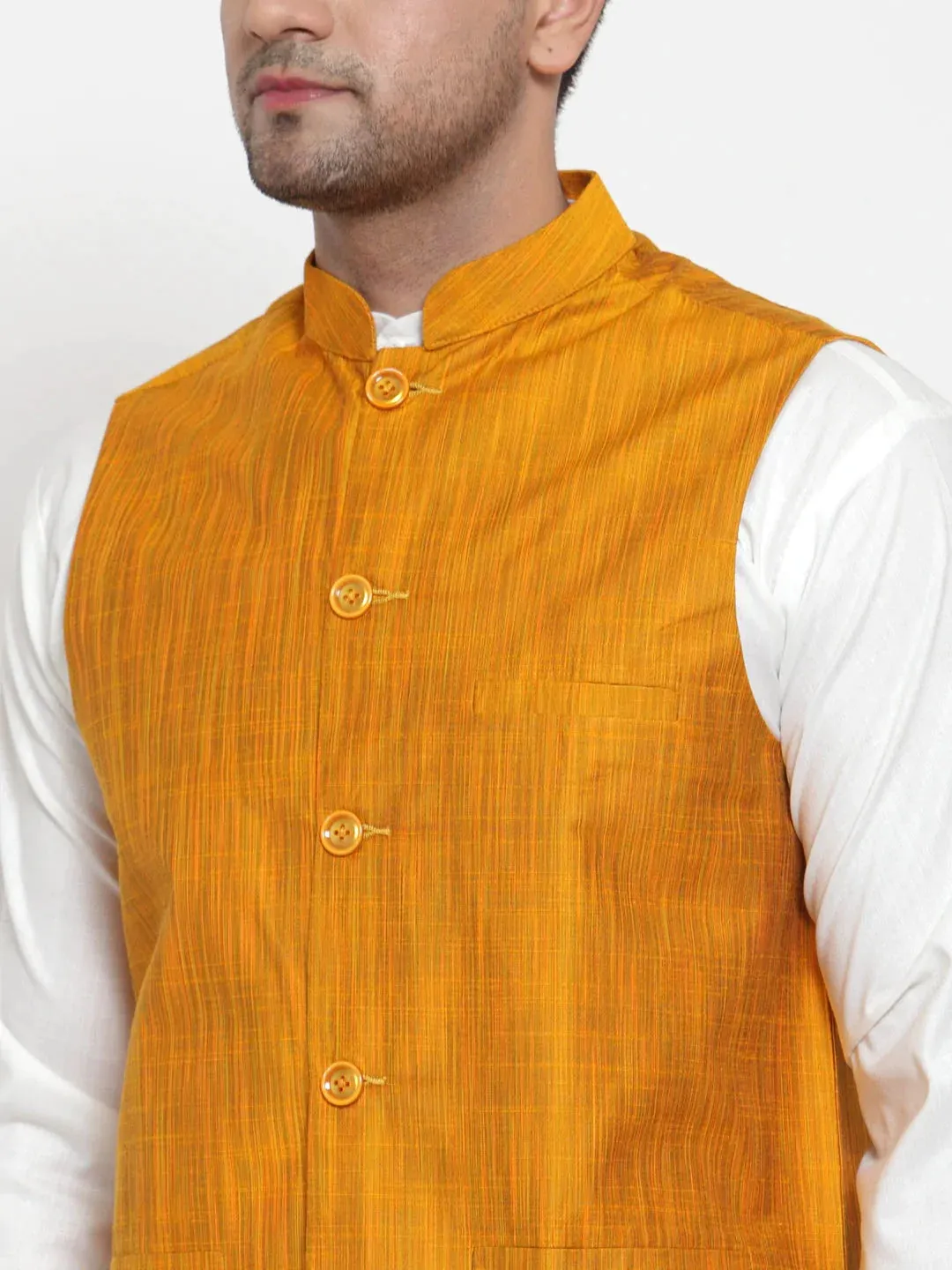 Men'S White Solid Kurta With Pyjamas & Yellow Nehru Jacket