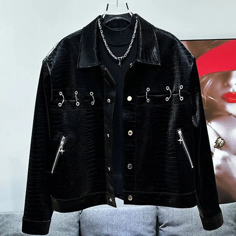 Metal Hook Patchwork Snake-Skin Pattern Jacket