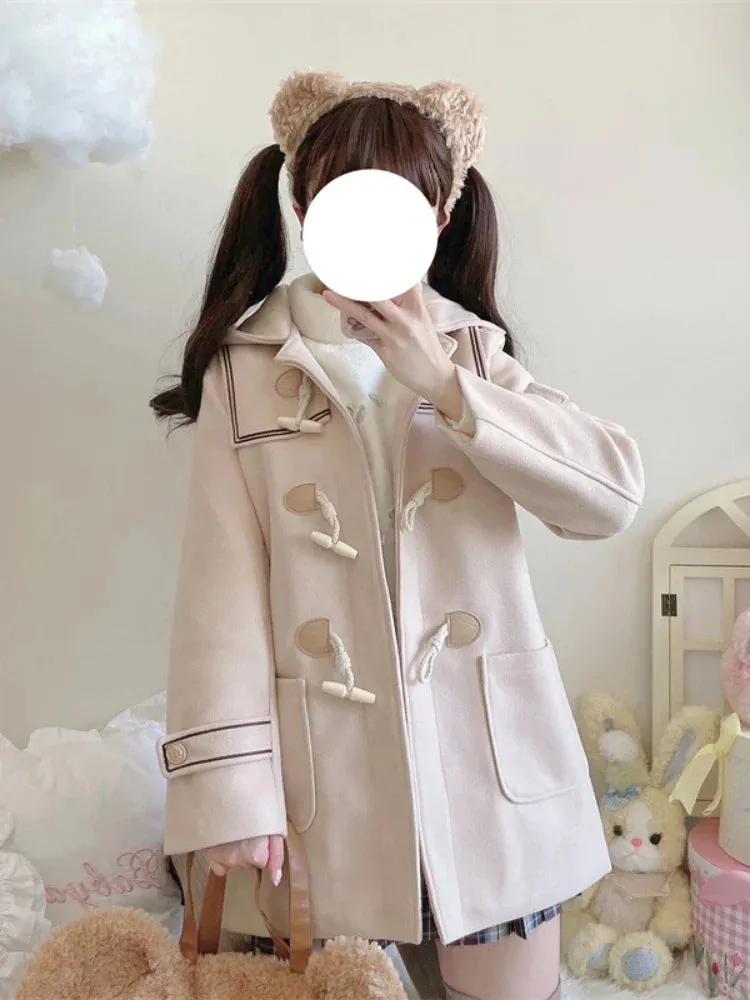 Metaversmall Solid Warm JK Style Girls Wool Blends Long Coats Jacket Winter Metal Single-breasted  Sleeve Casual  Warmness Outwears