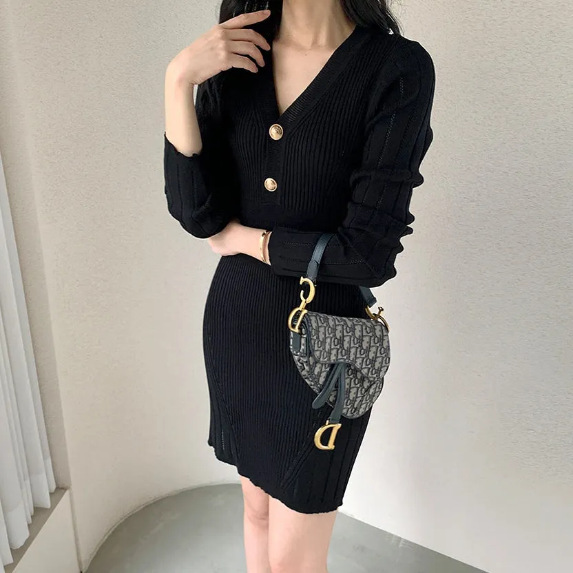 Mid-waist long-sleeved V-neck elastic knitted dress