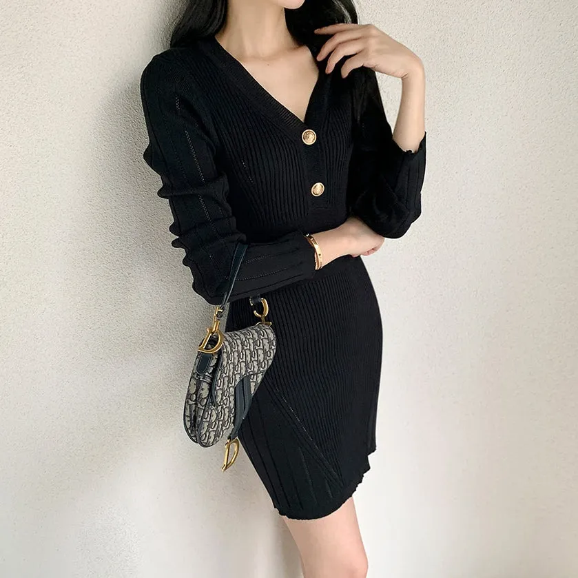 Mid-waist long-sleeved V-neck elastic knitted dress