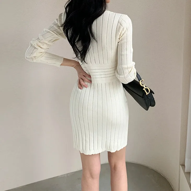 Mid-waist long-sleeved V-neck elastic knitted dress