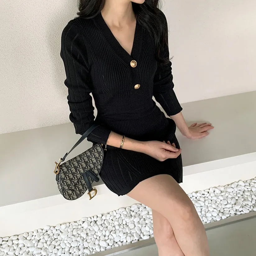 Mid-waist long-sleeved V-neck elastic knitted dress