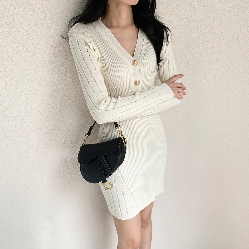 Mid-waist long-sleeved V-neck elastic knitted dress