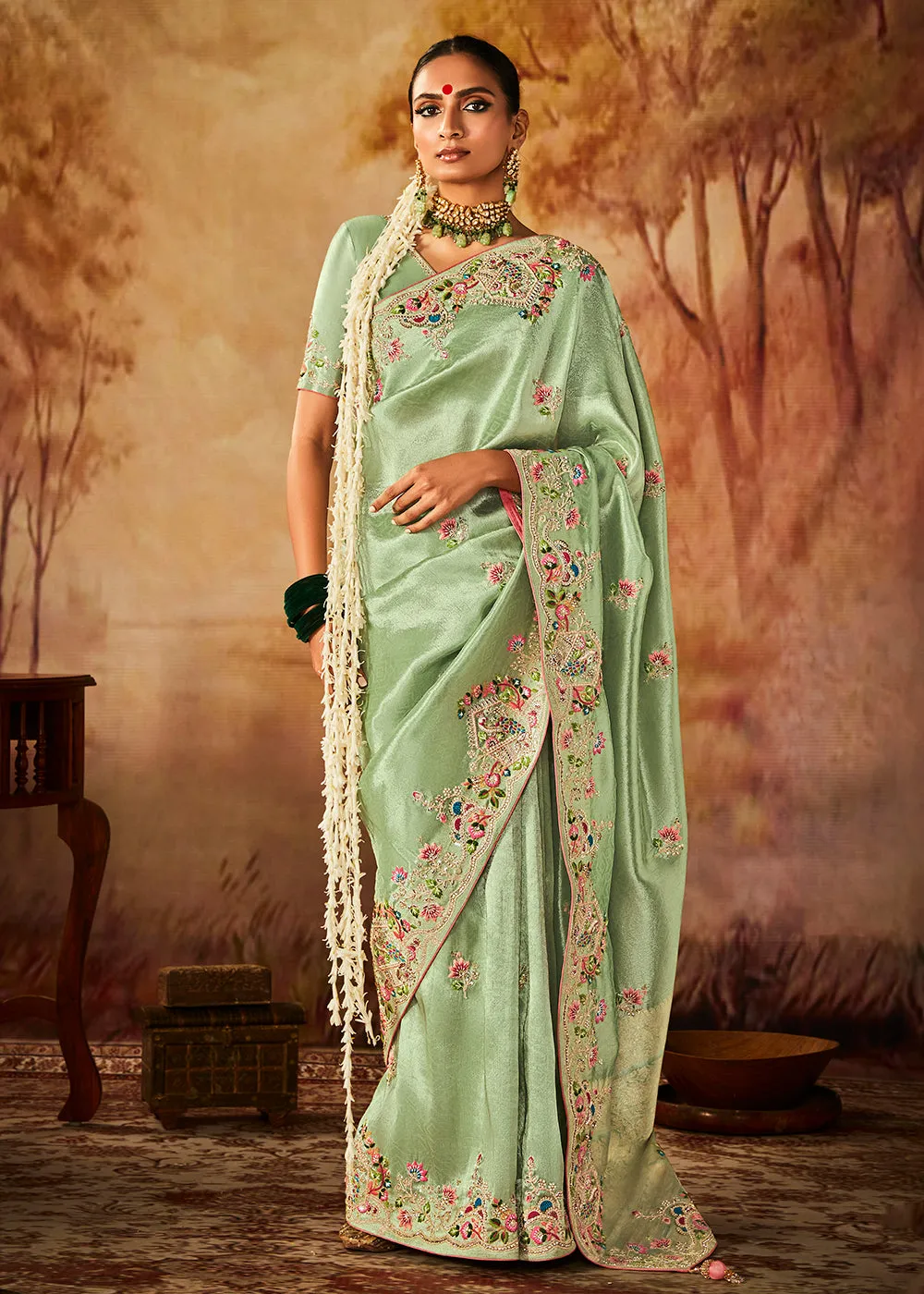 Mint Green Wedding Wear Embroidered Kanjivaram Silk Saree