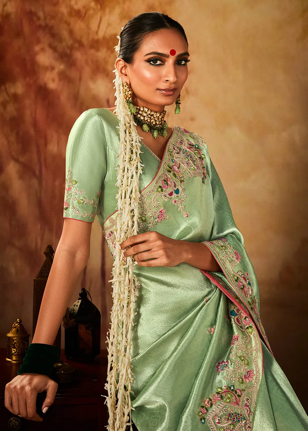 Mint Green Wedding Wear Embroidered Kanjivaram Silk Saree