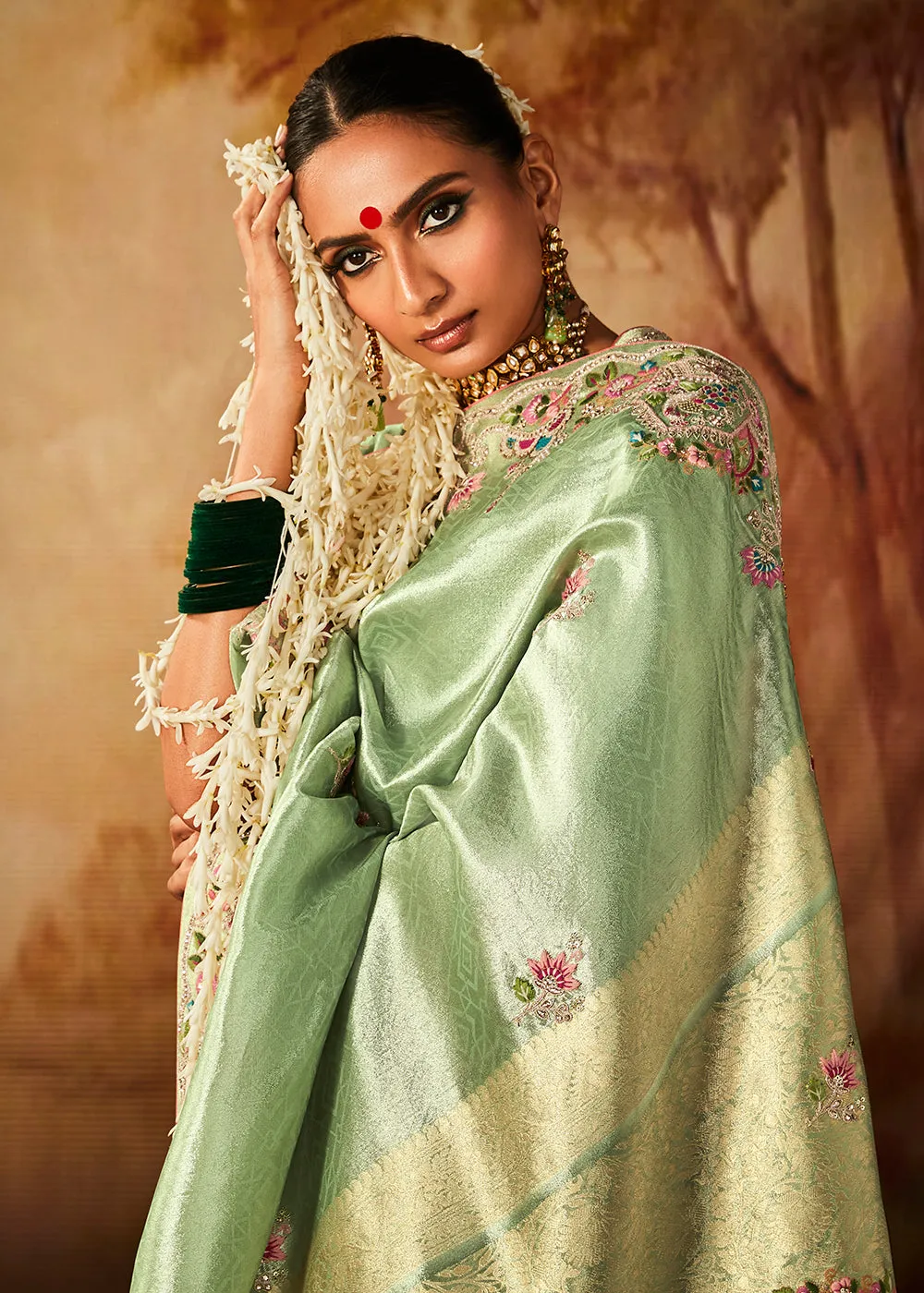 Mint Green Wedding Wear Embroidered Kanjivaram Silk Saree