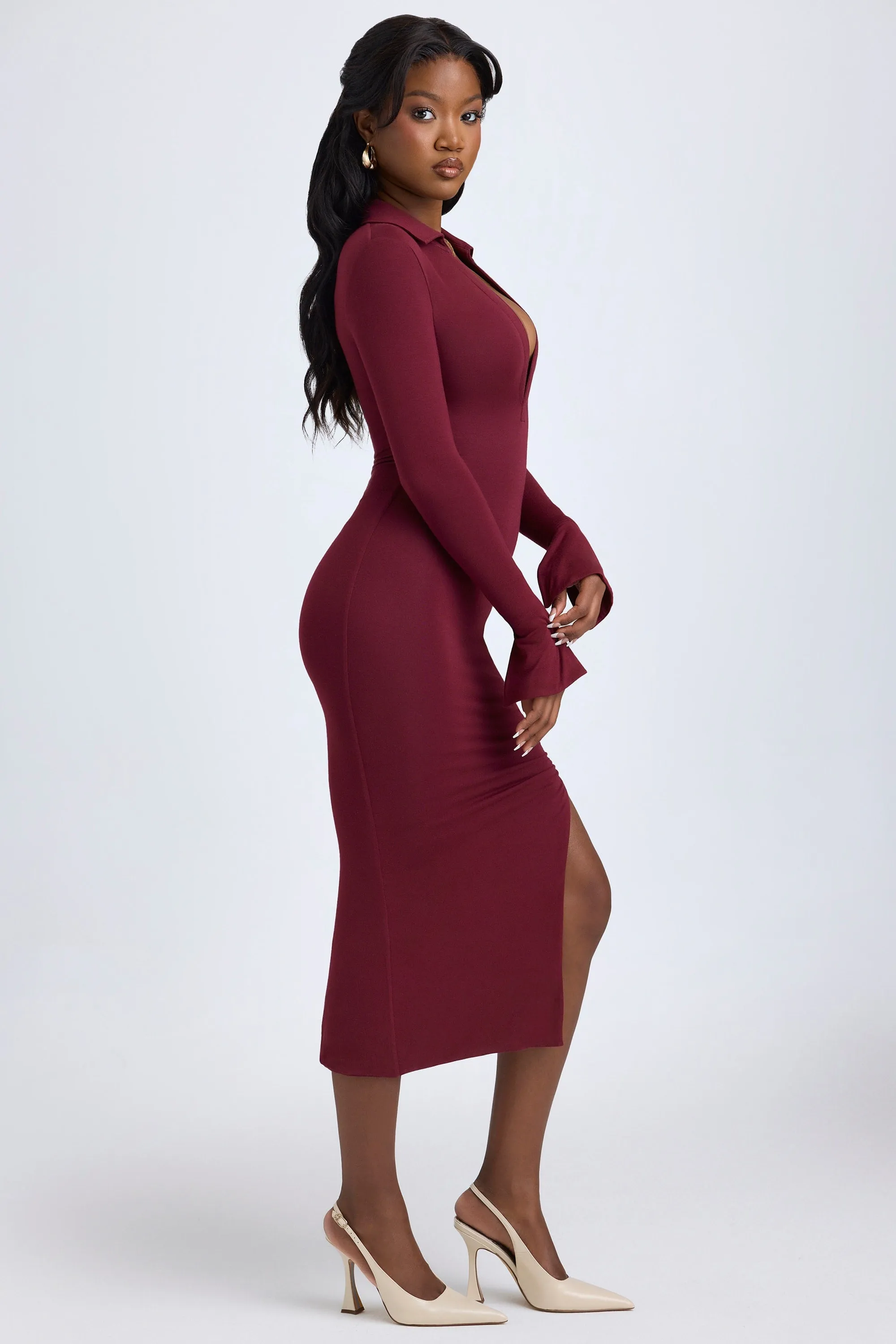 Modal Plunge V-Neck Midaxi Dress in Wine Red