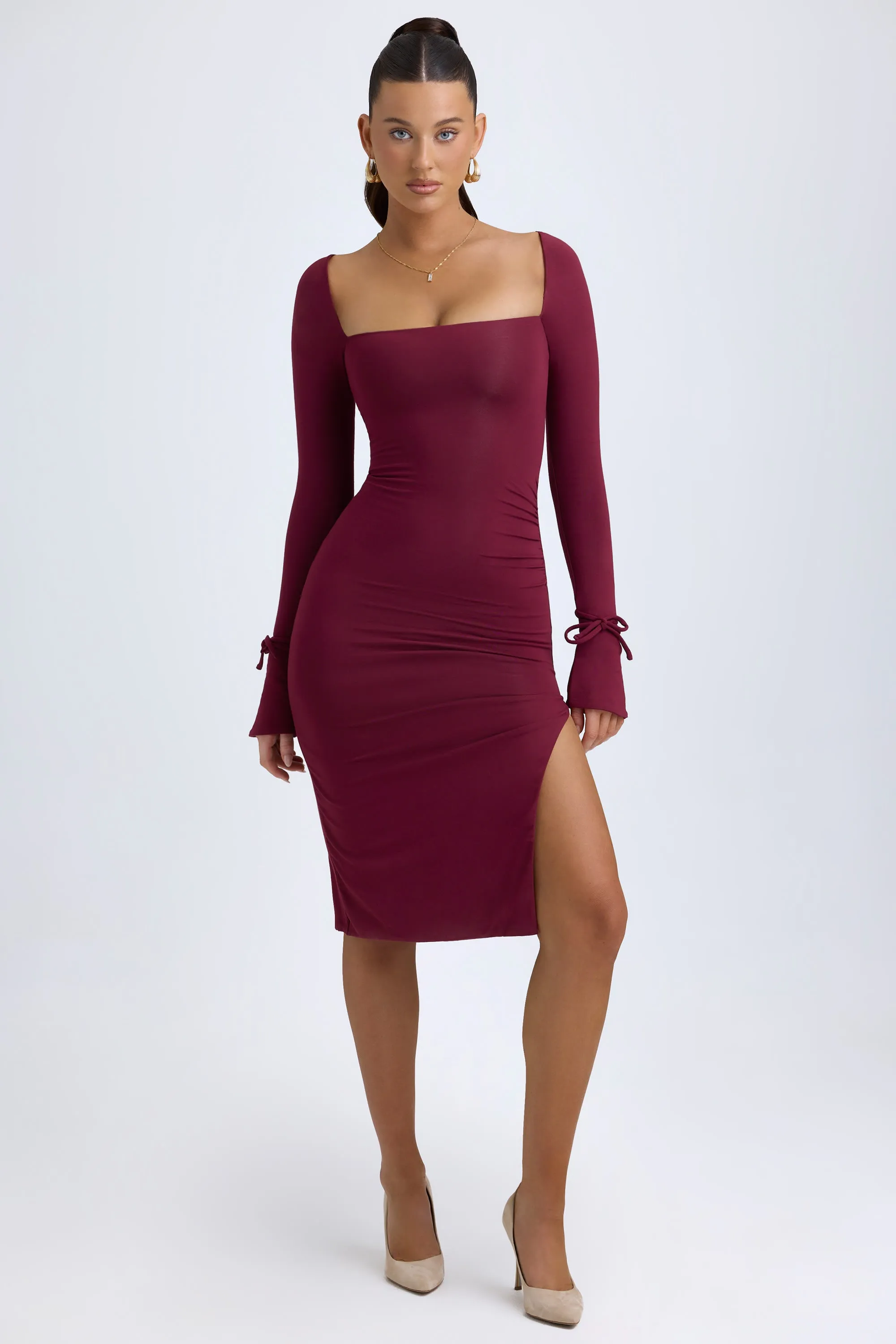 Modal Square-Neck Midi Dress in Wine Red