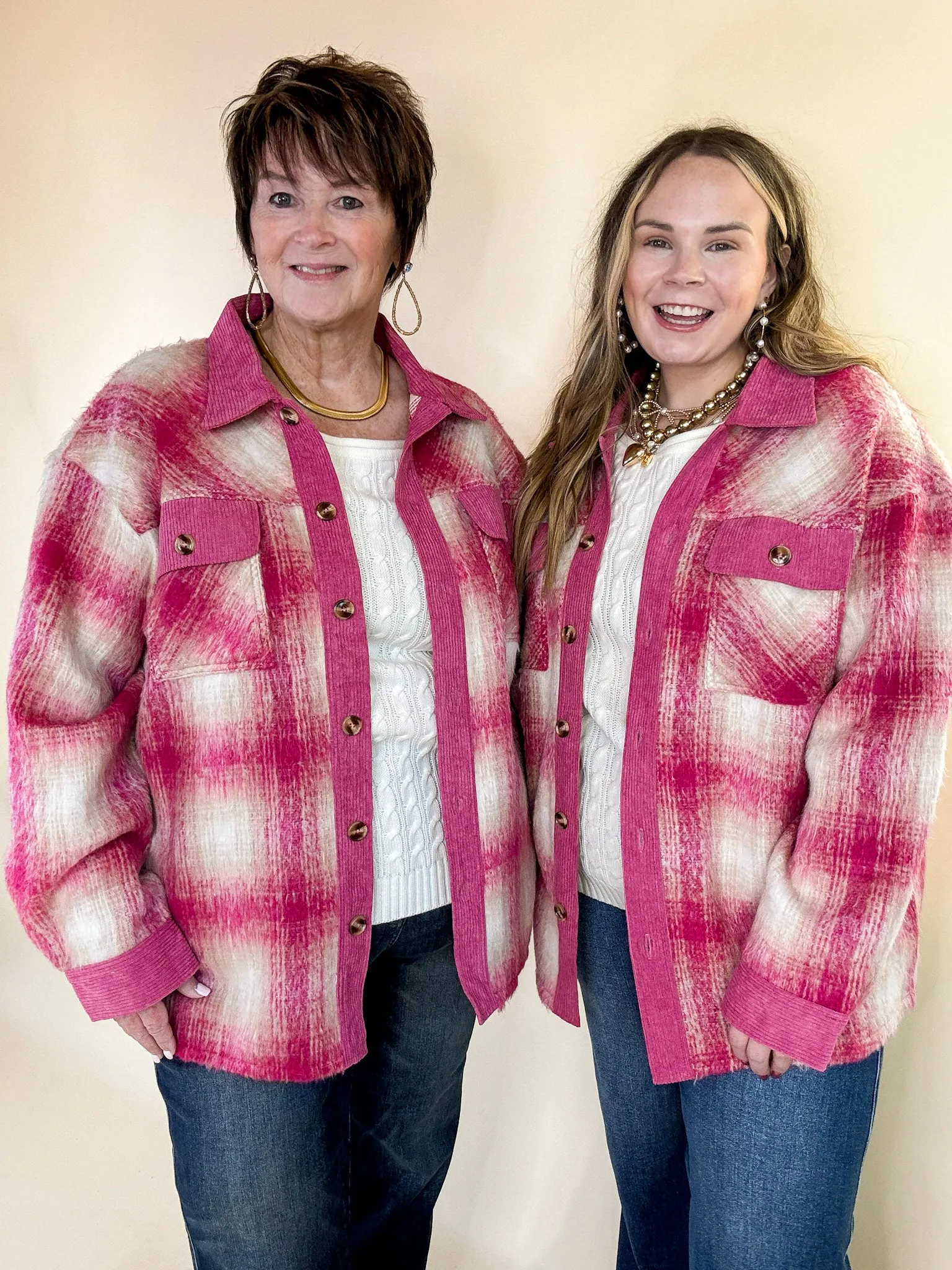 Mountain Retreat Plaid Fleece Jacket with Corduroy Trim in Pink