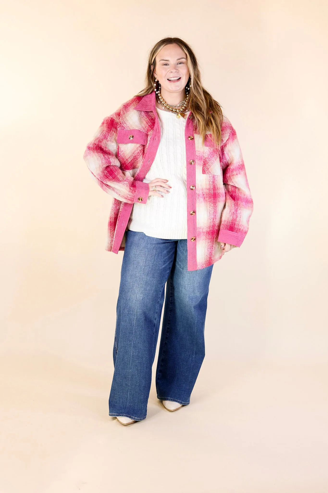 Mountain Retreat Plaid Fleece Jacket with Corduroy Trim in Pink