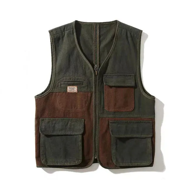 Multi-Pockets Patchwork Zipper Vest