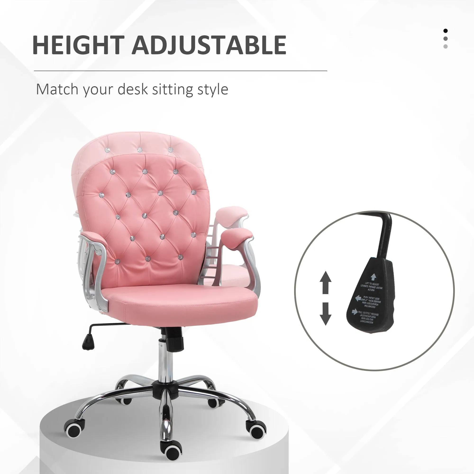 Office Chair PU Diamante Padded Ergonomic 360° Swivel Pink