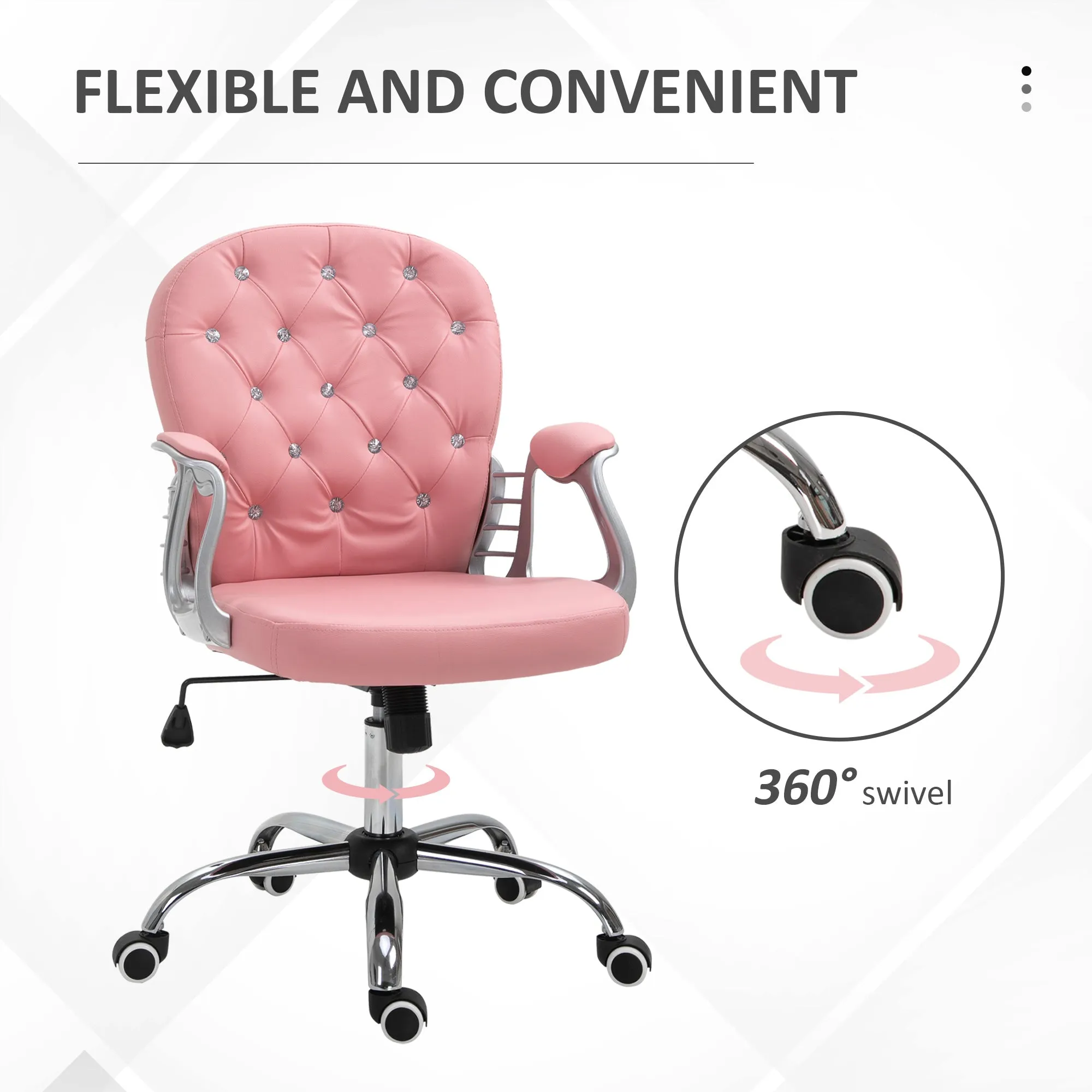 Office Chair PU Diamante Padded Ergonomic 360° Swivel Pink