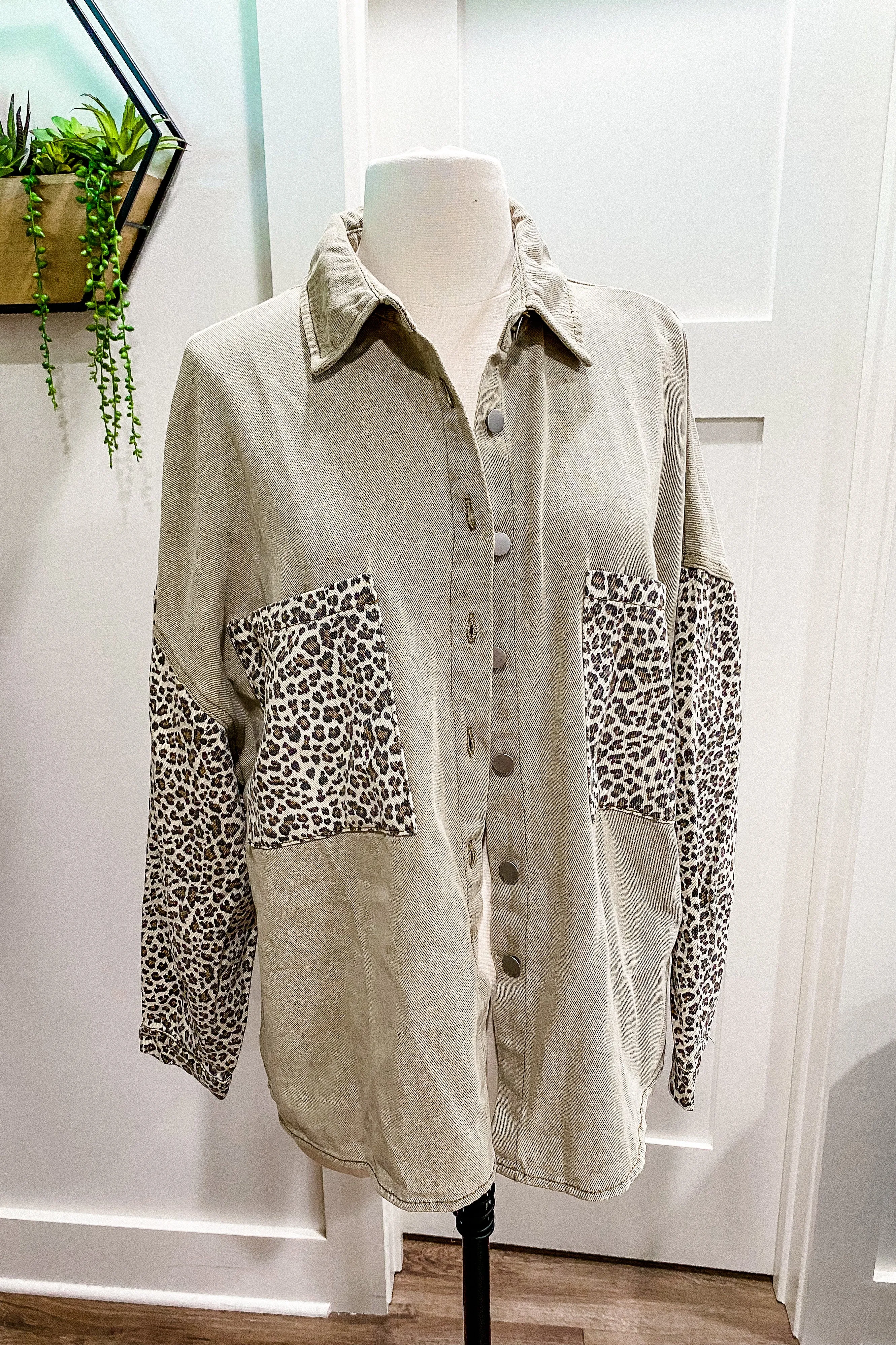 On the Prowl Sage Leopard Denim Shacket