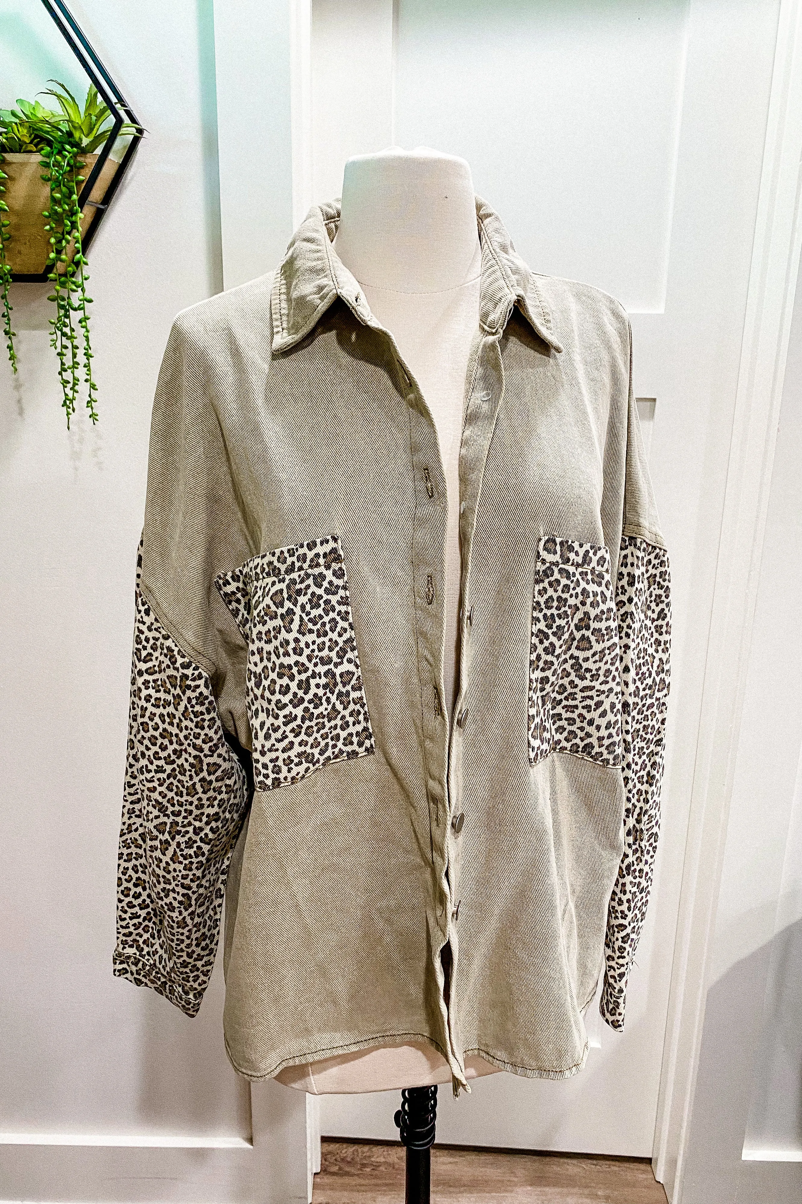 On the Prowl Sage Leopard Denim Shacket