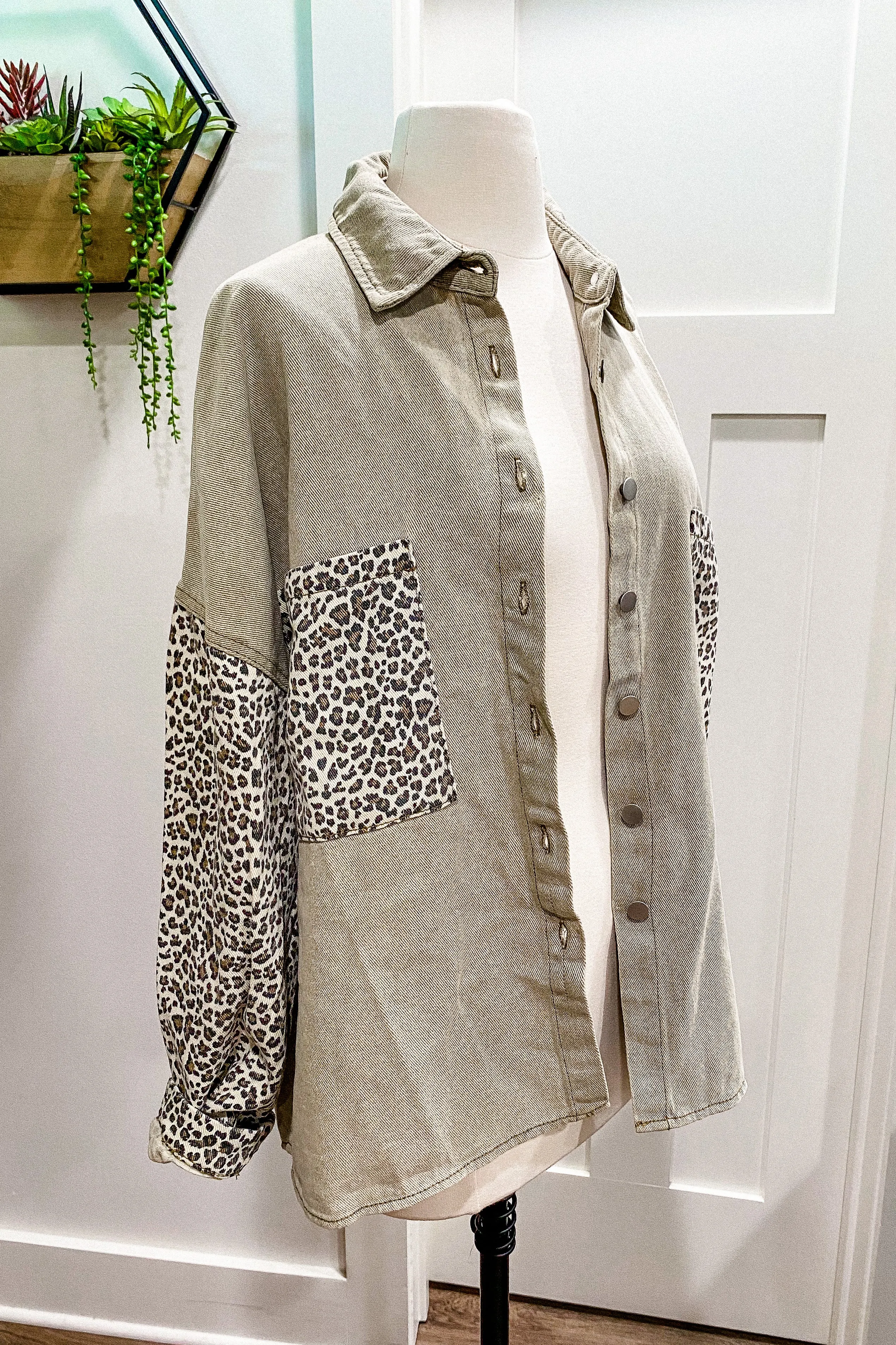 On the Prowl Sage Leopard Denim Shacket