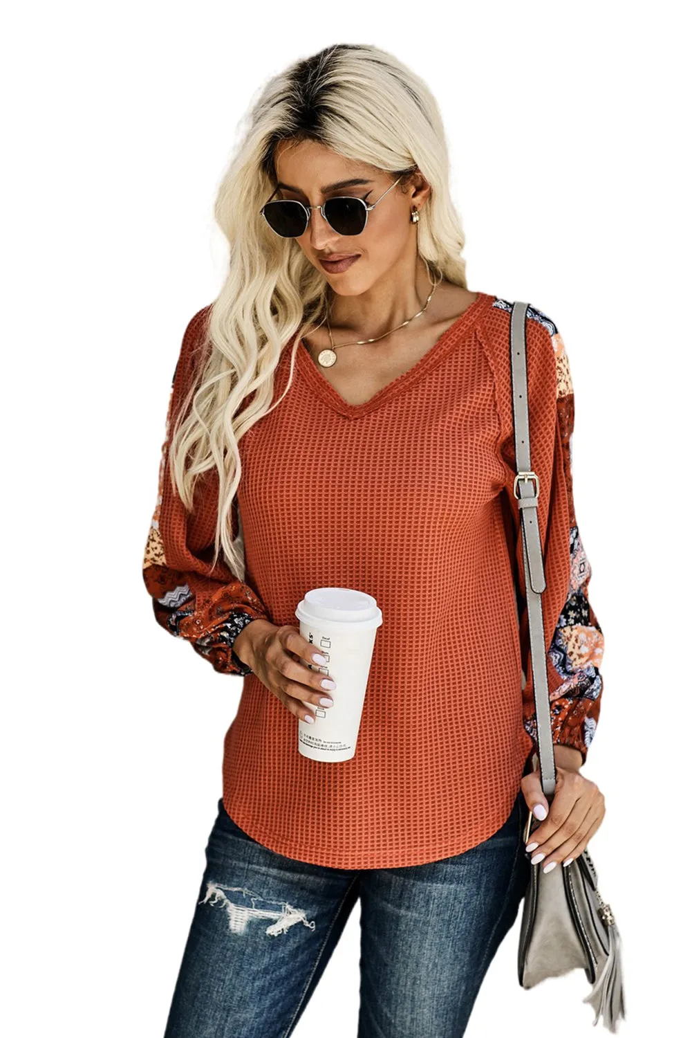 Orange Contrast Eyelet Thermal Knit Top