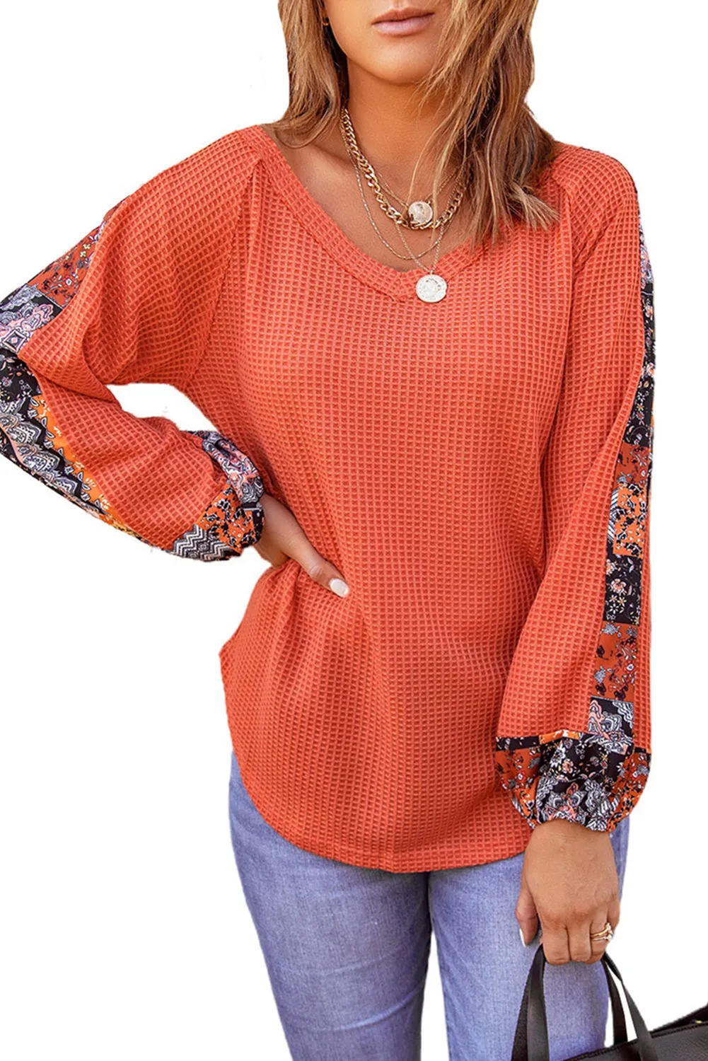 Orange Contrast Eyelet Thermal Knit Top