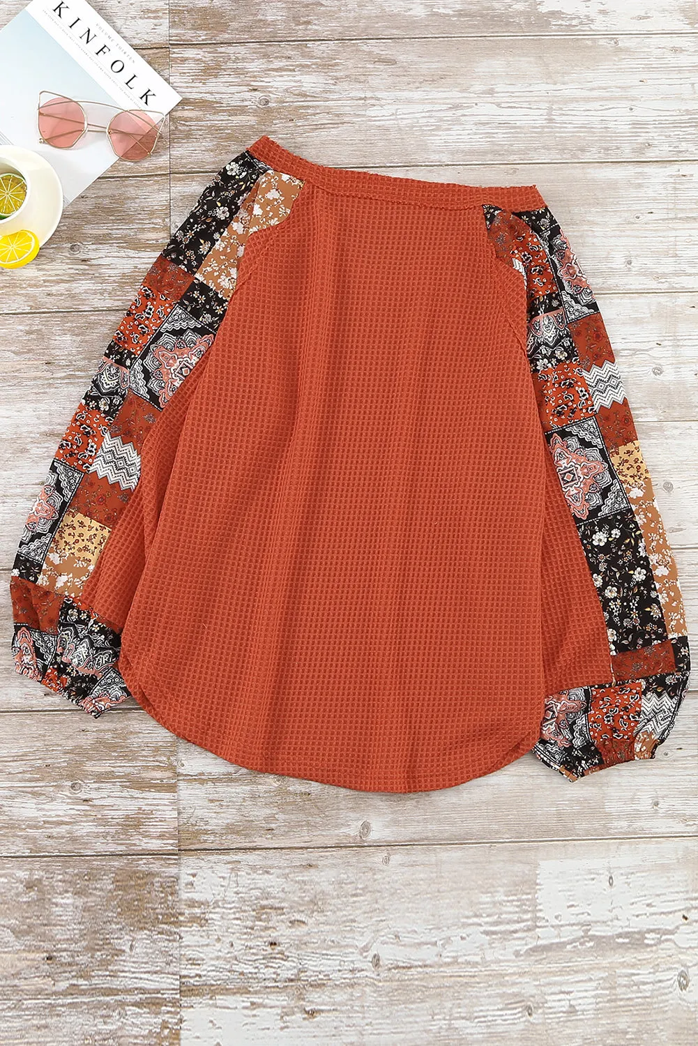 Orange Contrast Eyelet Thermal Knit Top