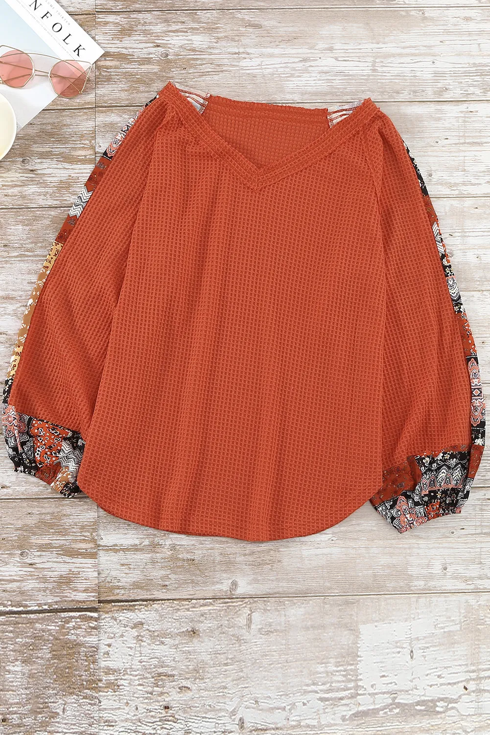 Orange Contrast Eyelet Thermal Knit Top