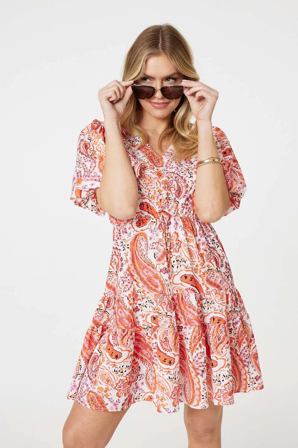 Paisley Short Puff Sleeve Mini Dress