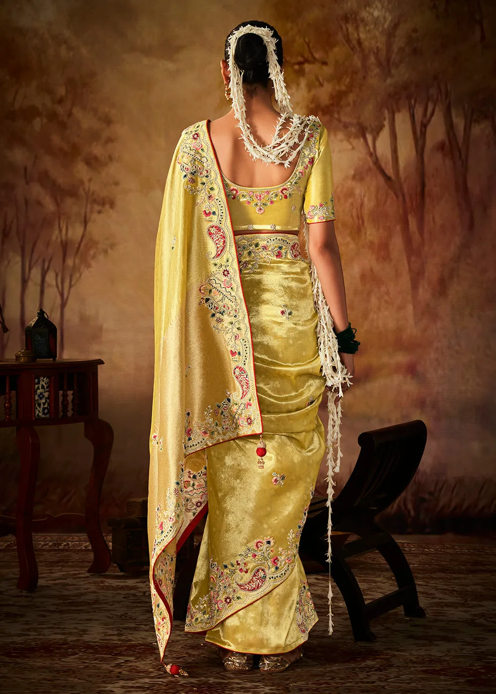 Pastel Yellow Wedding Wear Embroidered Kanjivaram Silk Saree