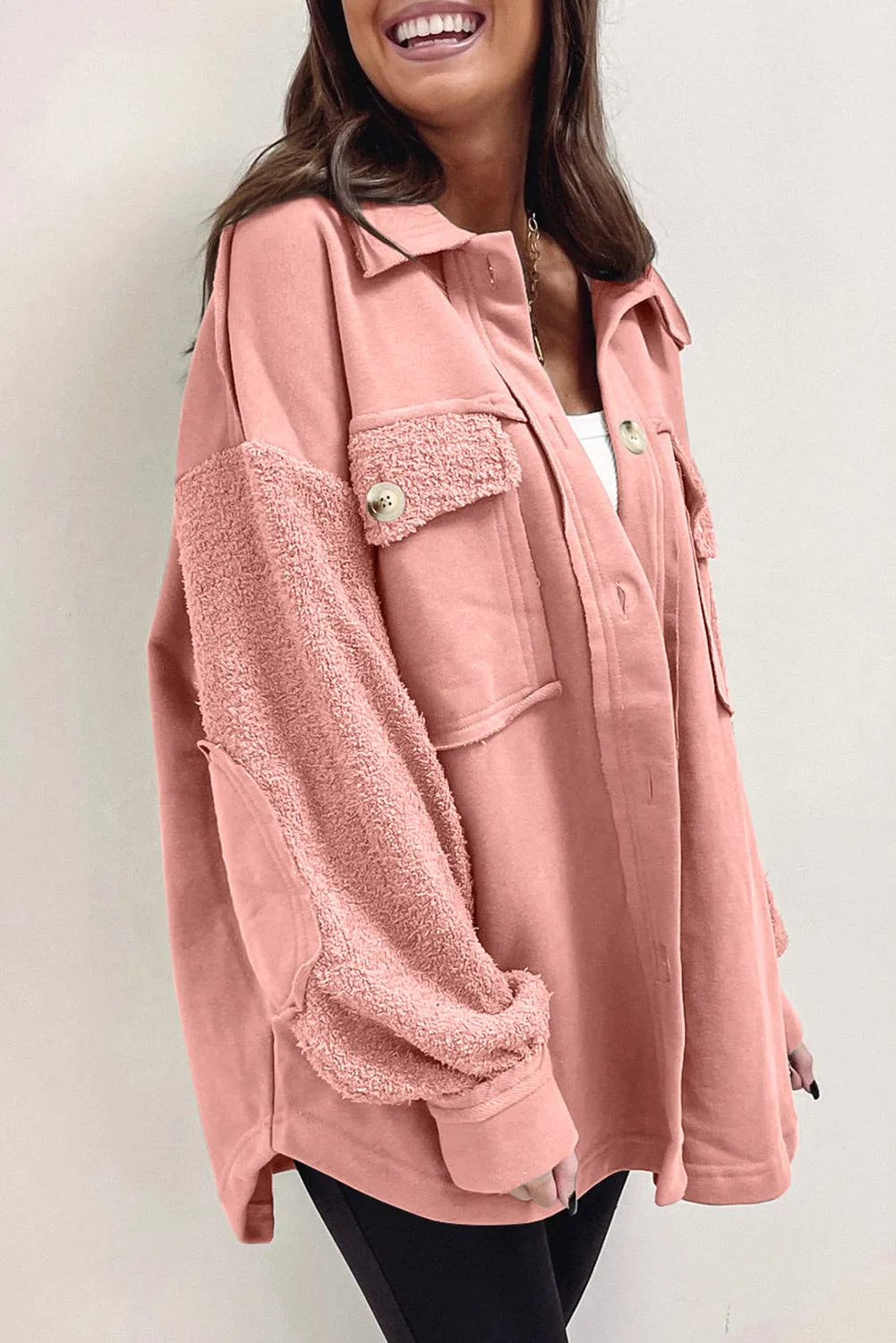 Peach Blossom Exposed Seam Elbow Patch Oversized Shacket