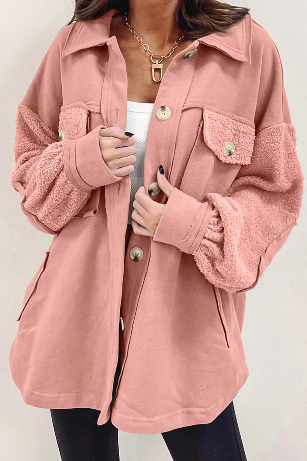 Peach Blossom Exposed Seam Elbow Patch Oversized Shacket