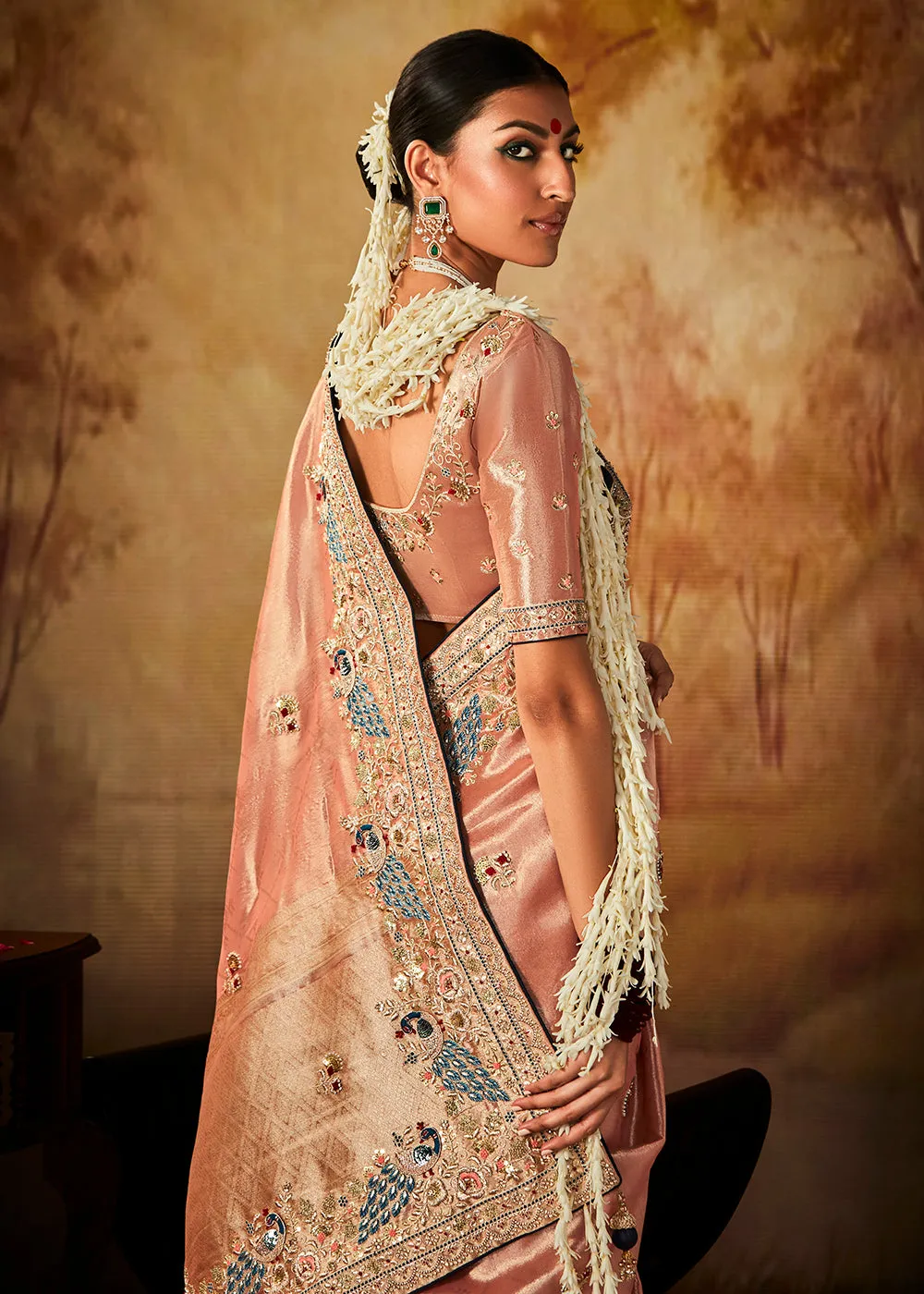 Peach Wedding Wear Embroidered Kanjivaram Silk Saree