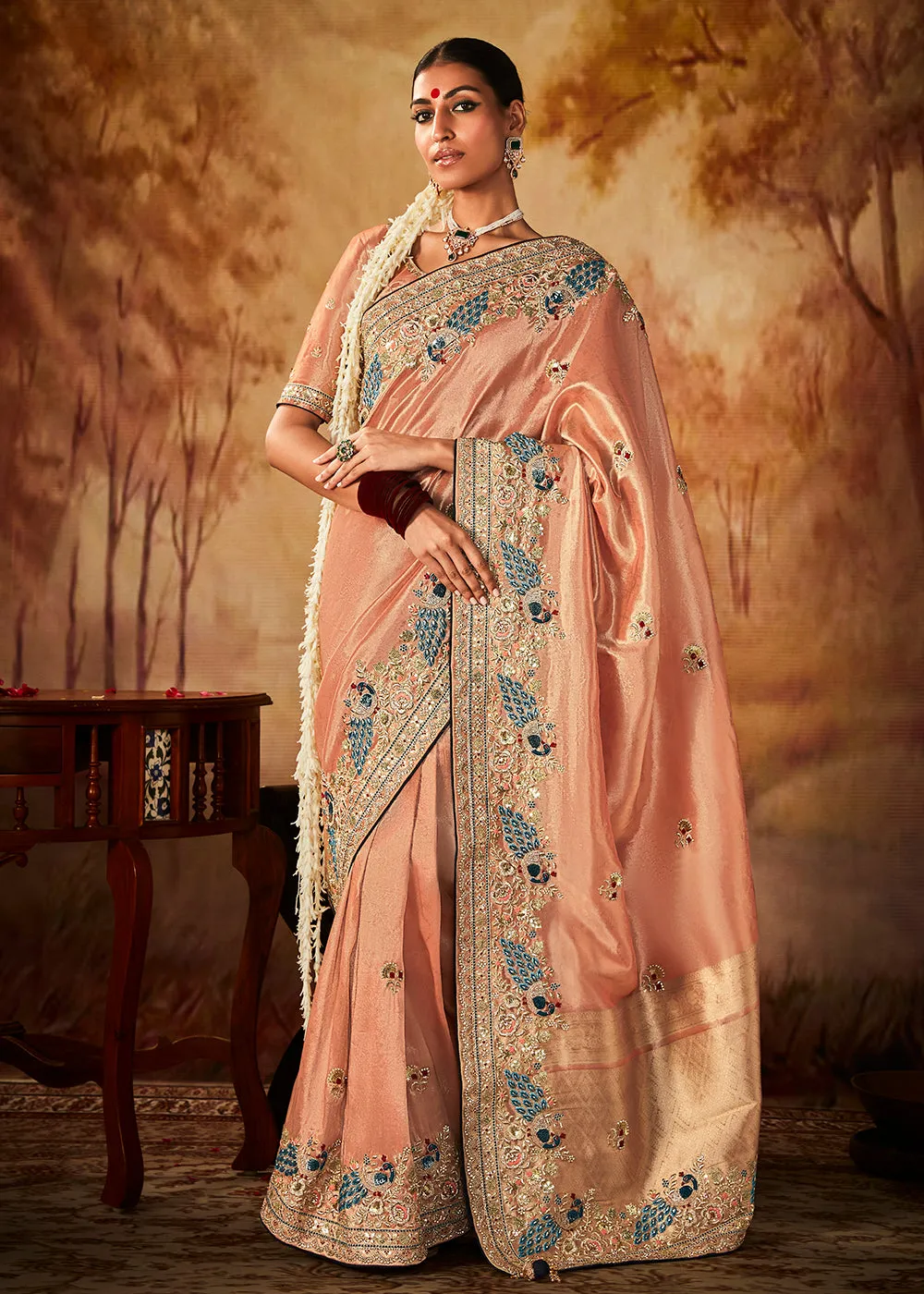 Peach Wedding Wear Embroidered Kanjivaram Silk Saree