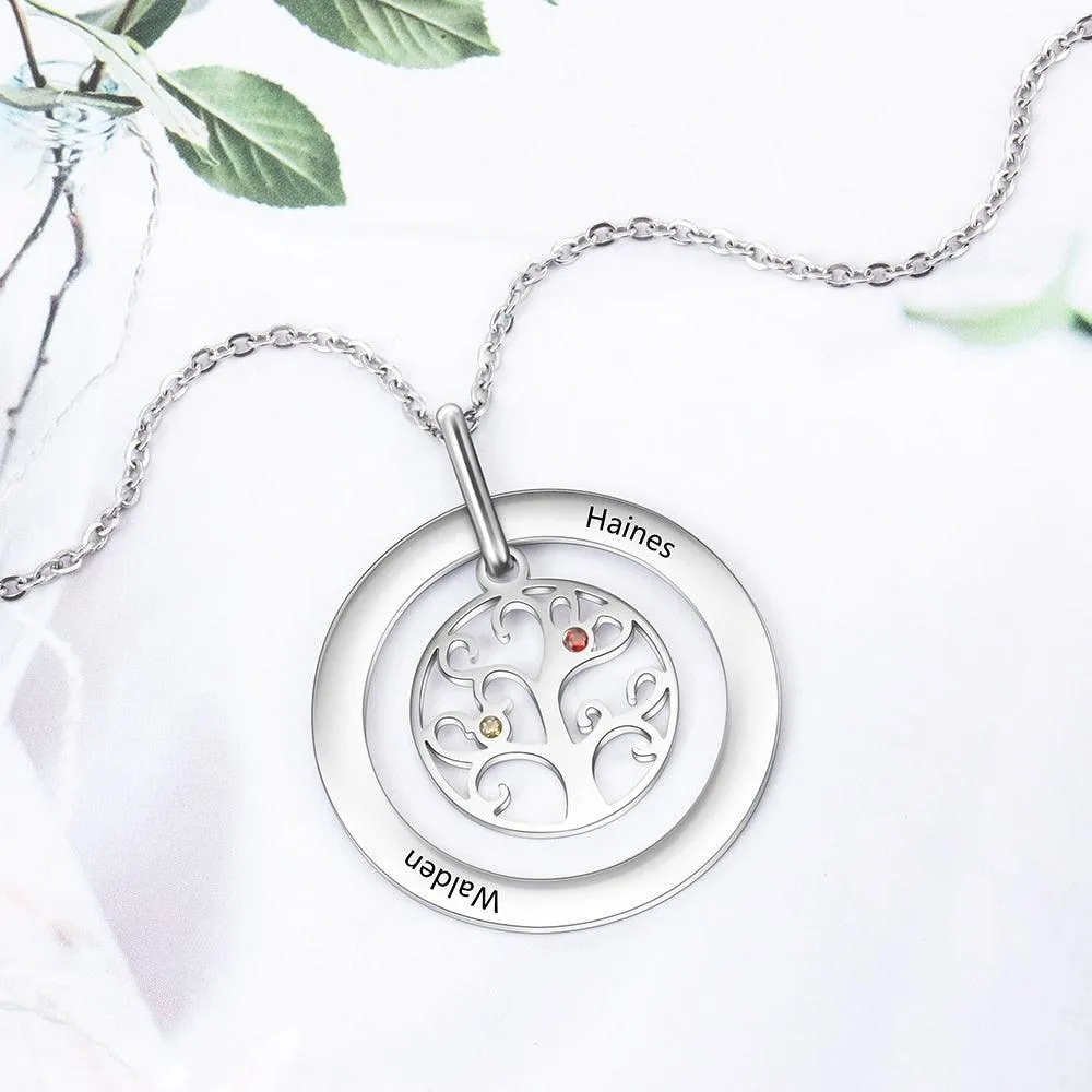 Personalized Stainless Steel Necklace with Customized 2 Birthstone Tree of Life Pendant, Gift for Mother