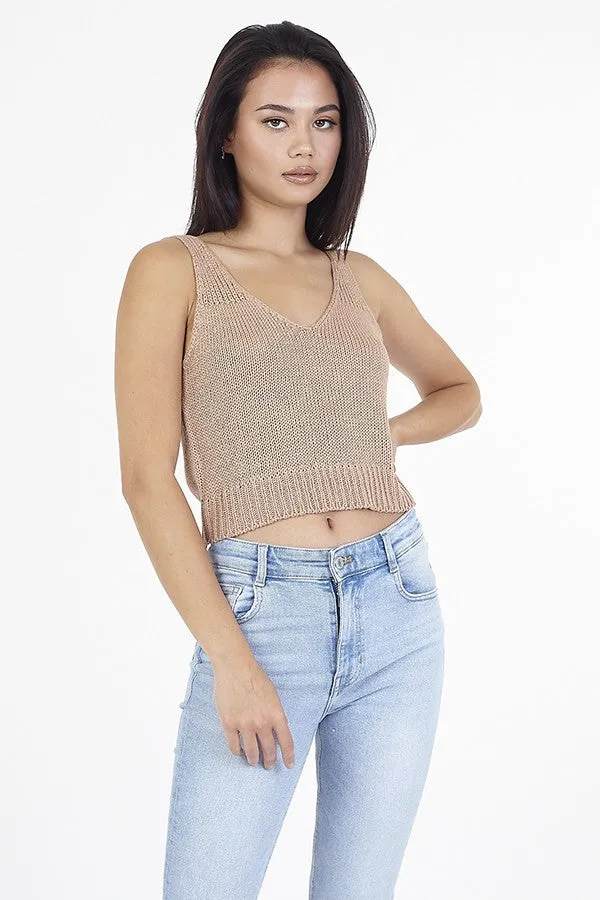 PLAIN KNITTED V-NECK CROPPED VEST TOP