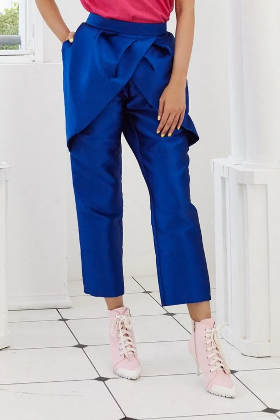 Pre-Order BLUE TAFFETA - PLEATED PETAL TROUSERS - BLUE