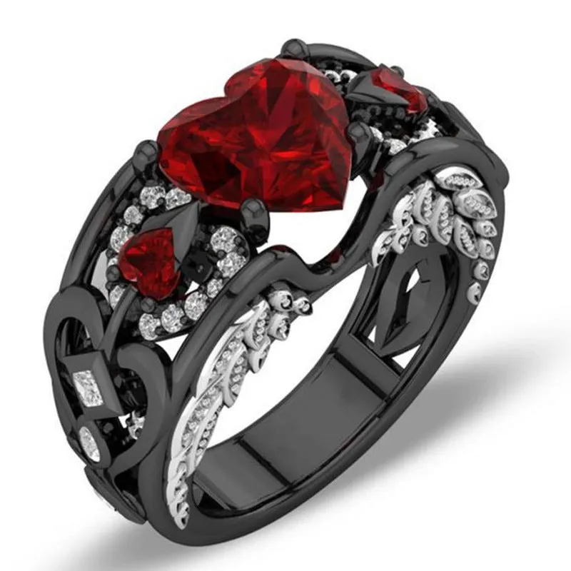 Princess Diamond Heart-shaped Ruby Engagement Lady Black Gold Ring