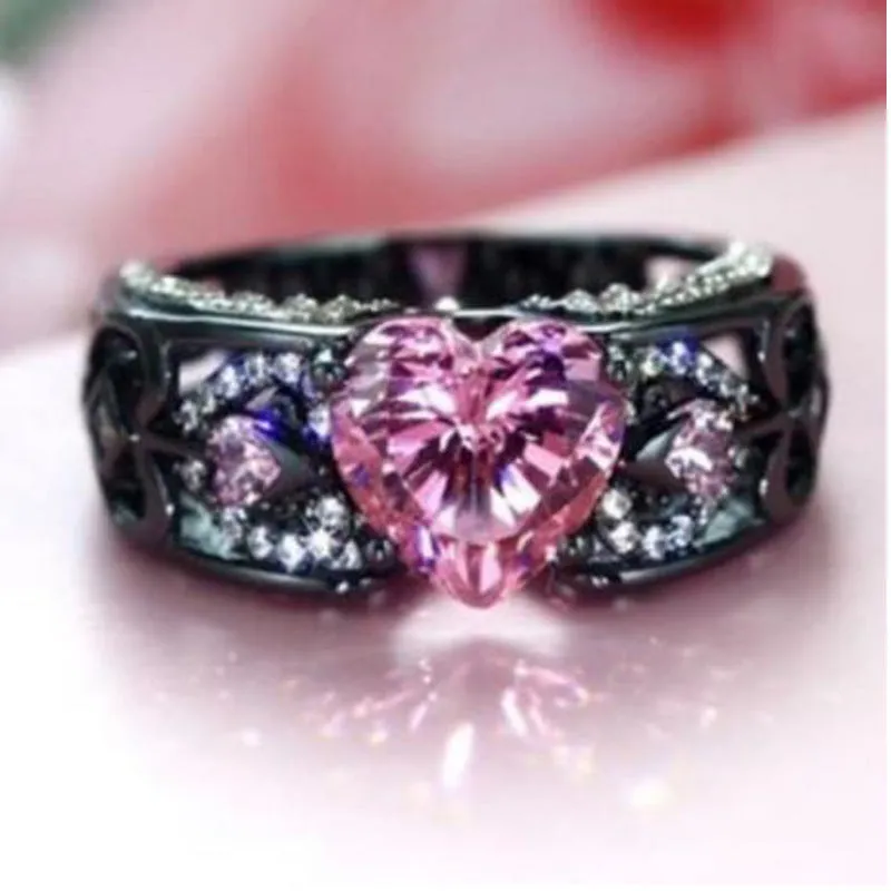 Princess Diamond Heart-shaped Ruby Engagement Lady Black Gold Ring