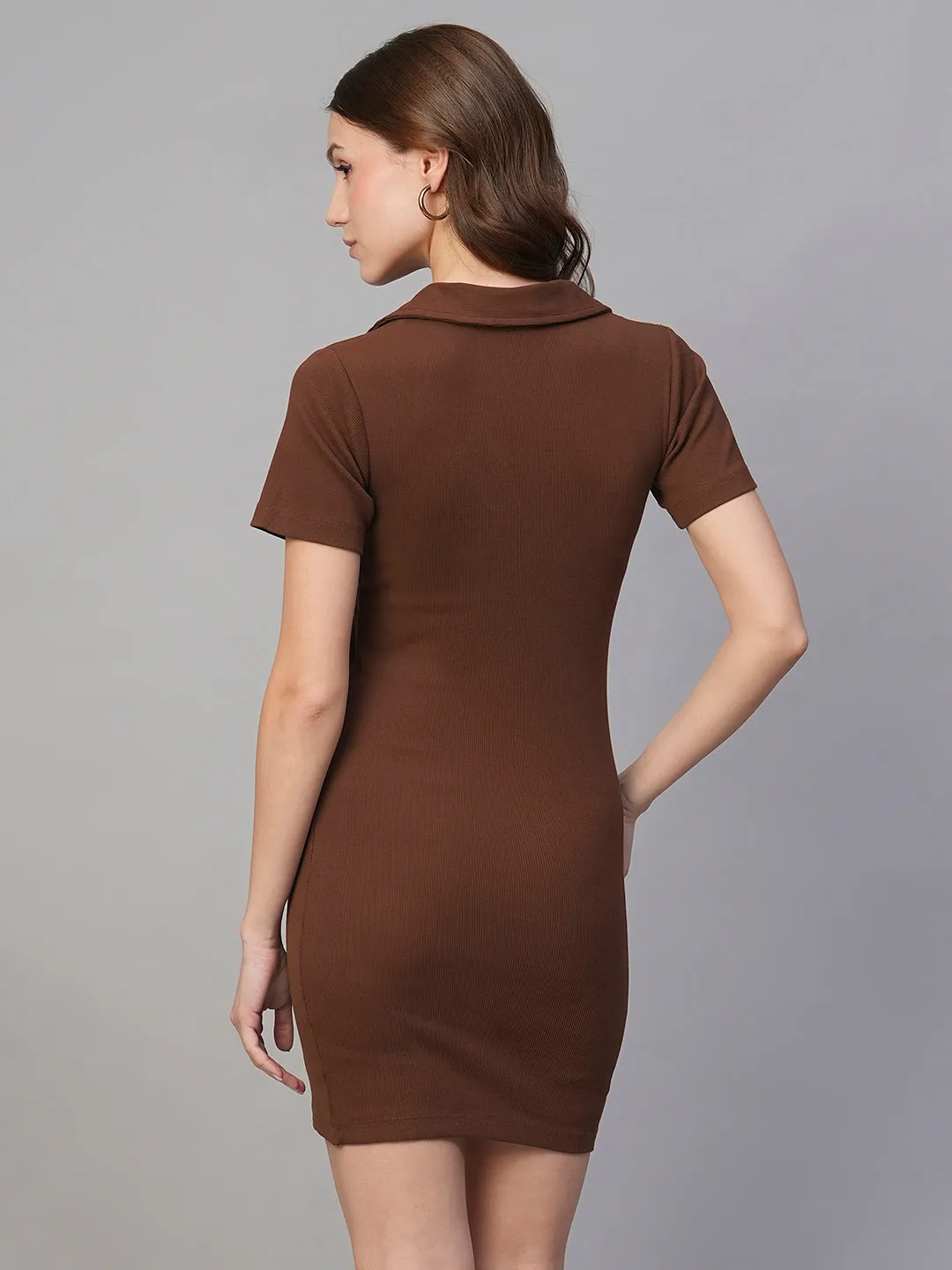 Pronk Ribbed Half Sleeve Collared Bodycon - Cocoa