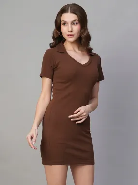 Pronk Ribbed Half Sleeve Collared Bodycon - Cocoa