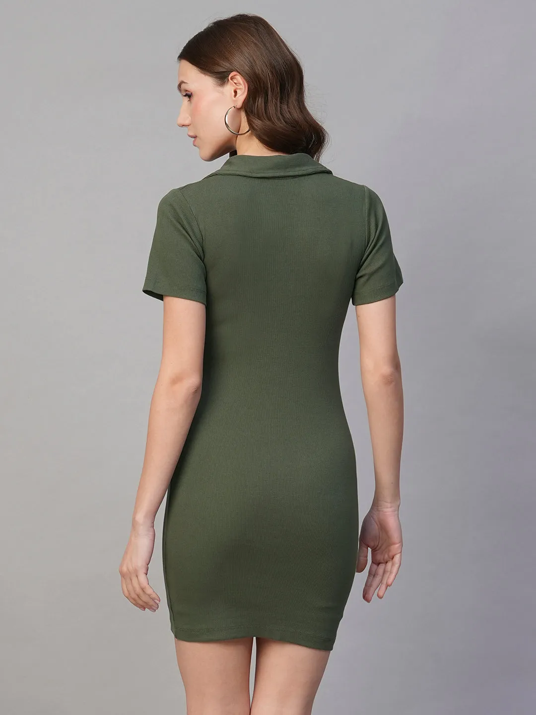 Pronk Ribbed Half Sleeve Collared Bodycon - Olive Green