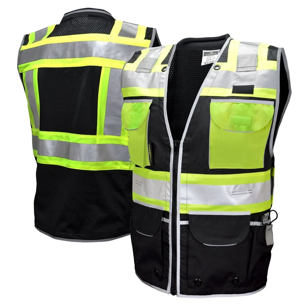 REXZUS  E Engineer Safety Vest High Visibility Reflective Black Series Mesh with Zipper and pockets