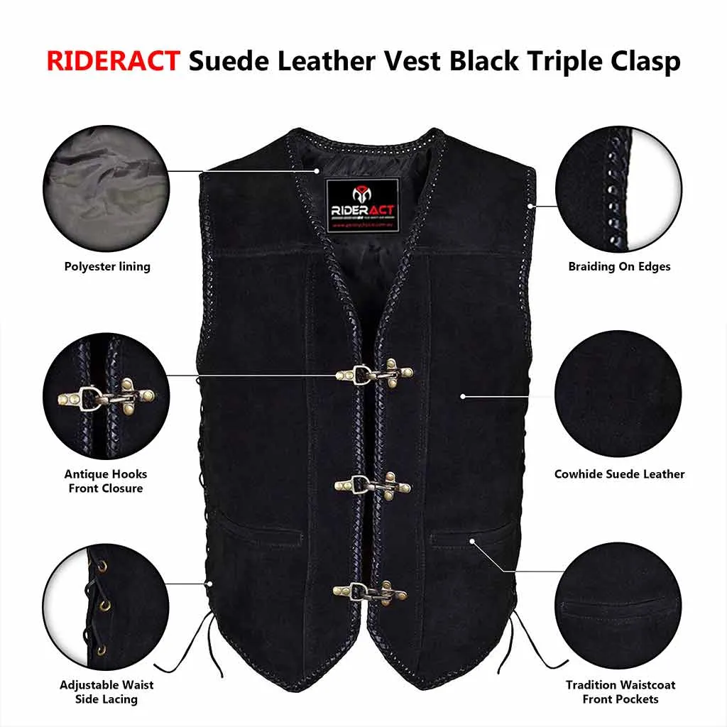 RIDERACT® Suede Leather Vest Black Triple Clasp