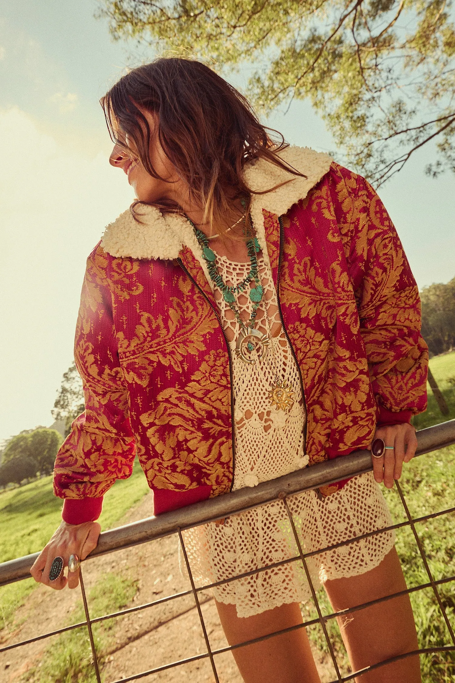 Right Here, Right Now Tapestry Bomber Jacket - Persimmon