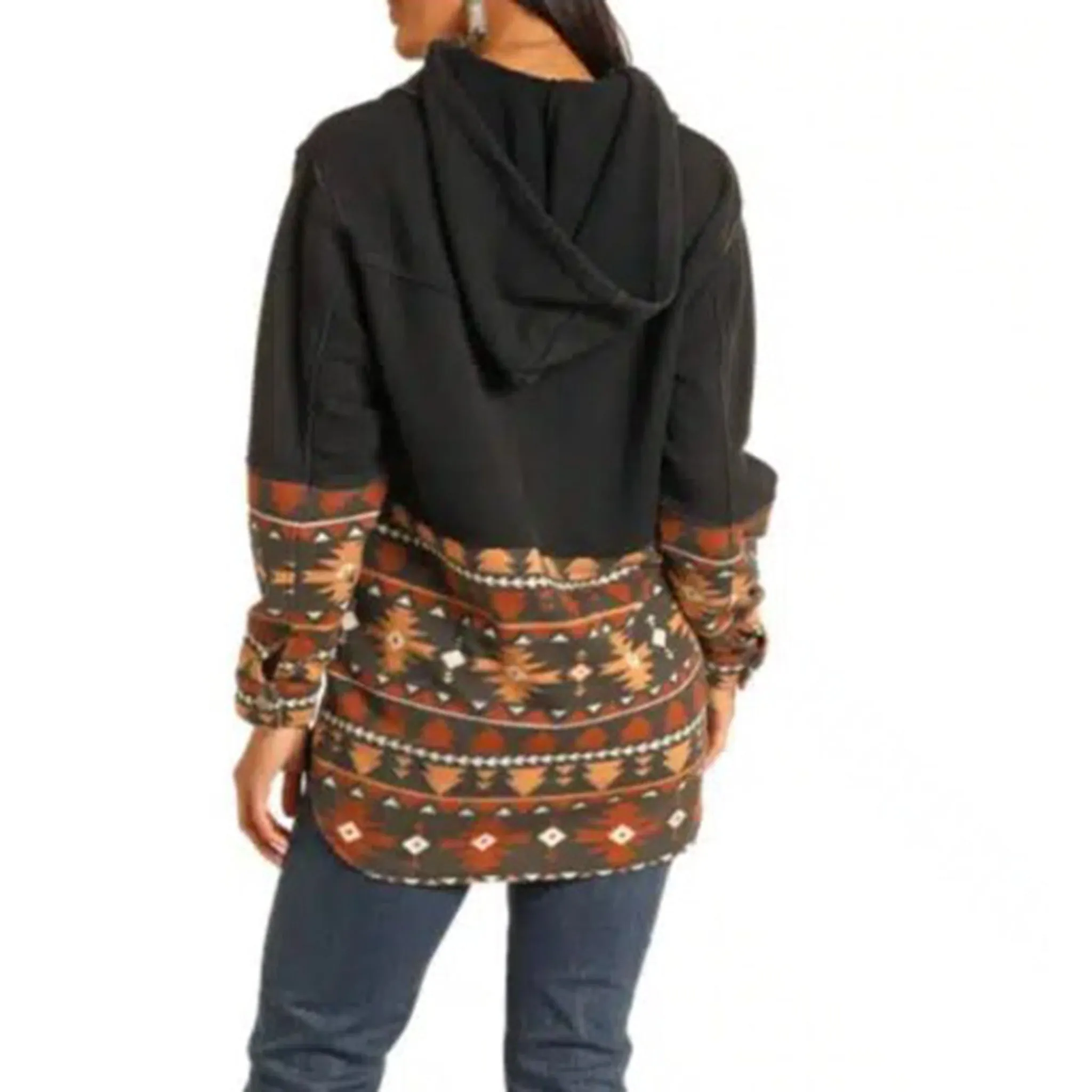 Rock & Roll Women's Black Aztec Shacket With Hood