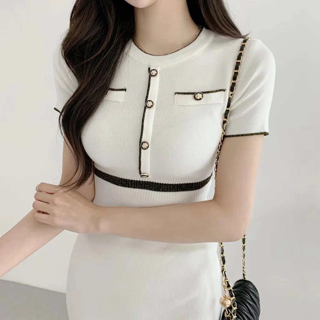 Round Neck Short Sleeve Slim Fit Knit Dress