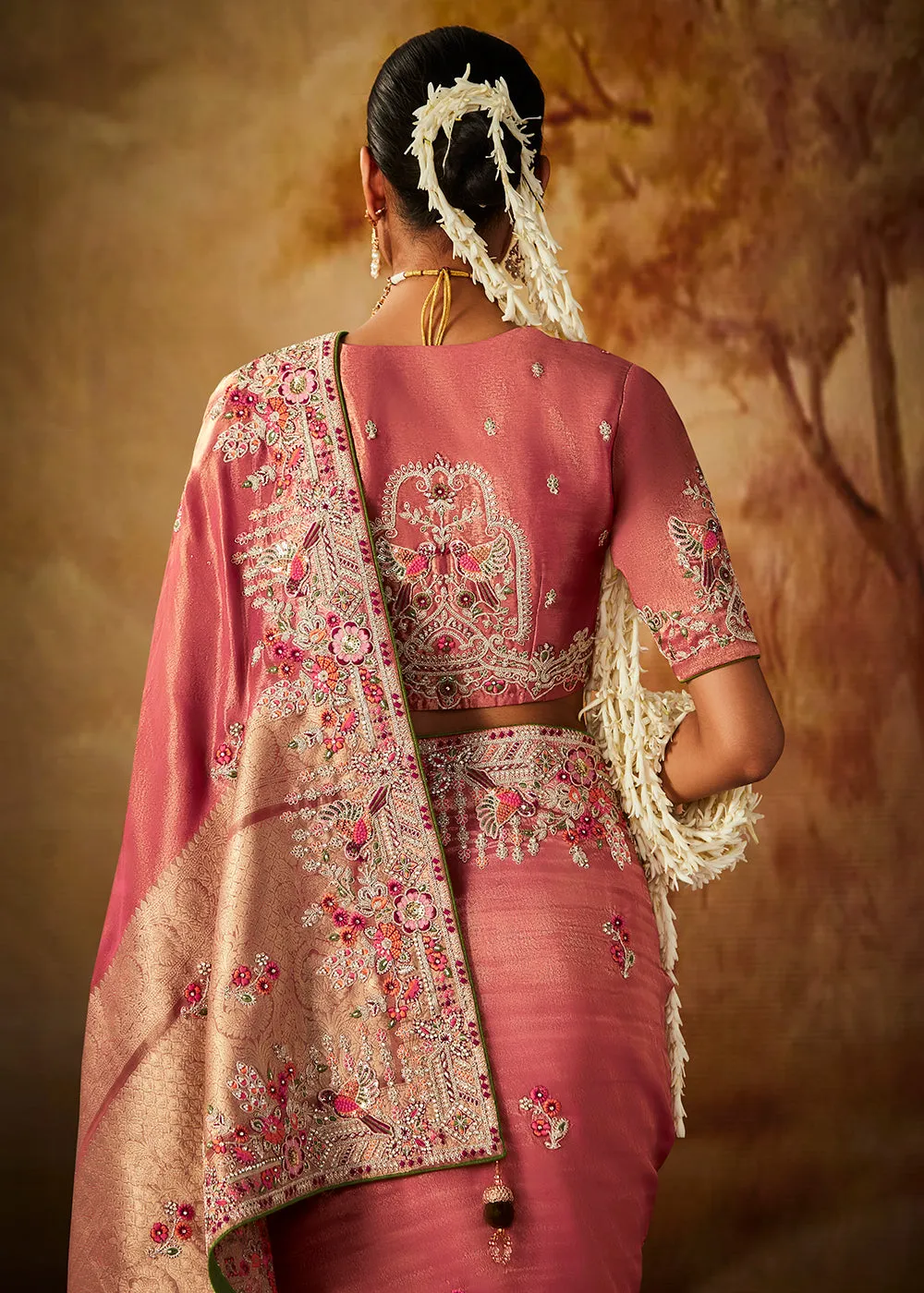 Salmon Pink Wedding Wear Embroidered Kanjivaram Silk Saree