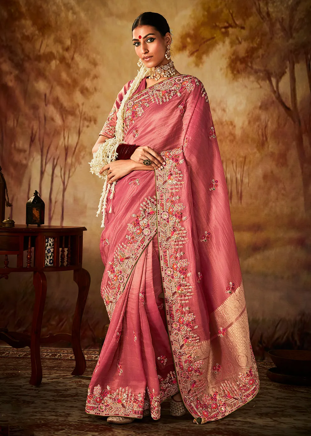 Salmon Pink Wedding Wear Embroidered Kanjivaram Silk Saree