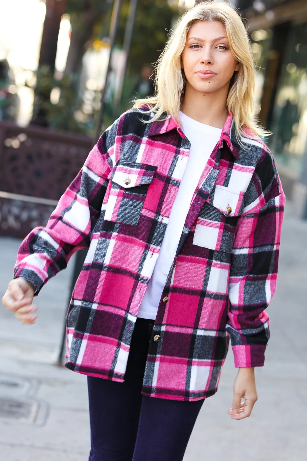 Sassy Fuchsia Plaid Flannel Button Down Shacket